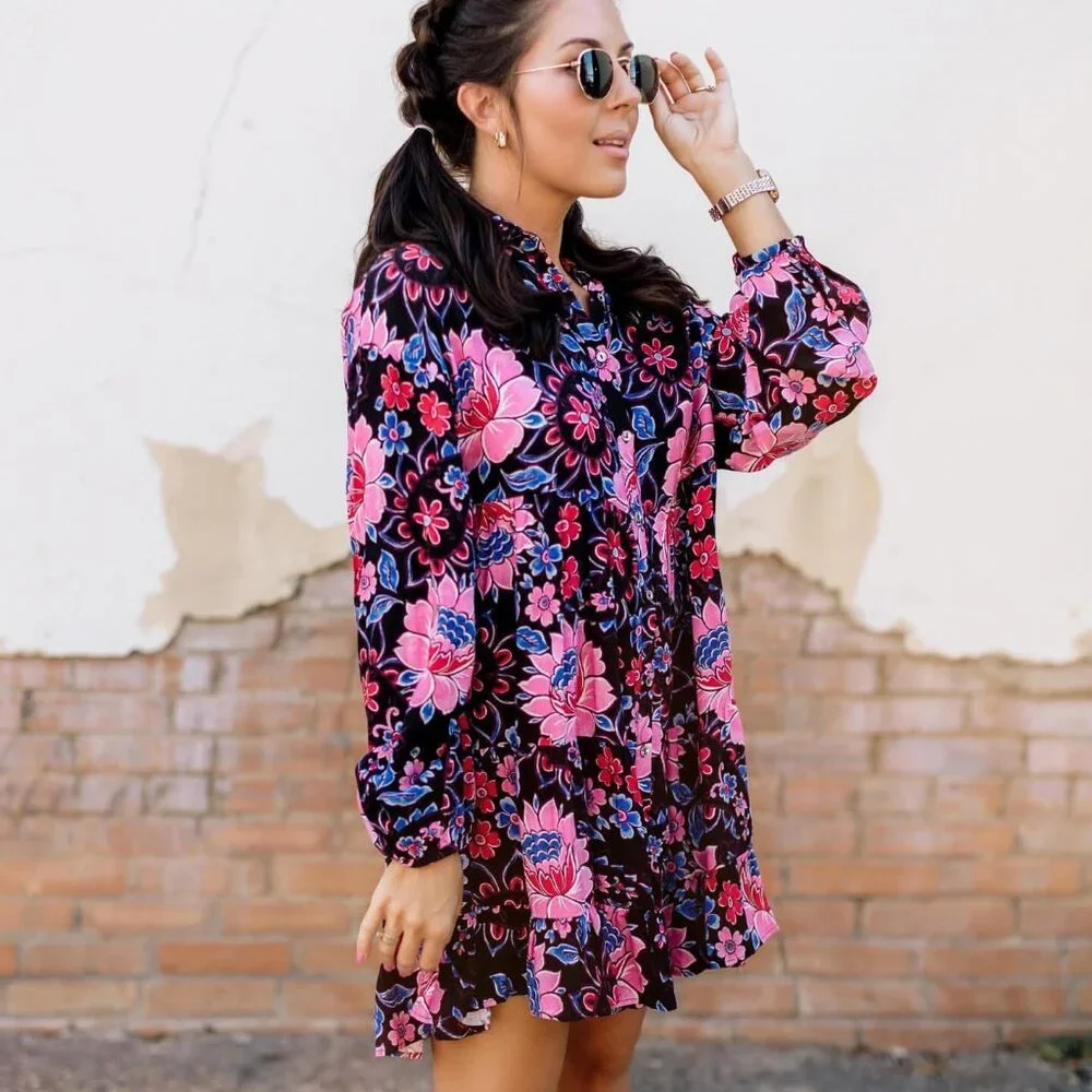 Zara colorful floral long sleeve babydoll button down mini dress, sz L - Picture 1 of 8